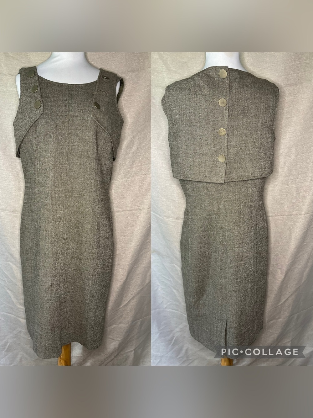Worth Olive-Taupe Tweed Sheath Dress with Buttoned Capelet